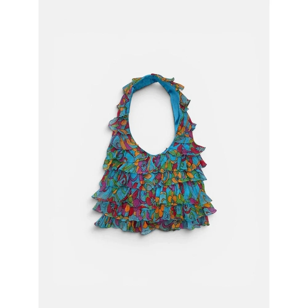 Womens Ruffle Floral Hobo Bag Chiffon Blue Boho Festival Colorful Tiered